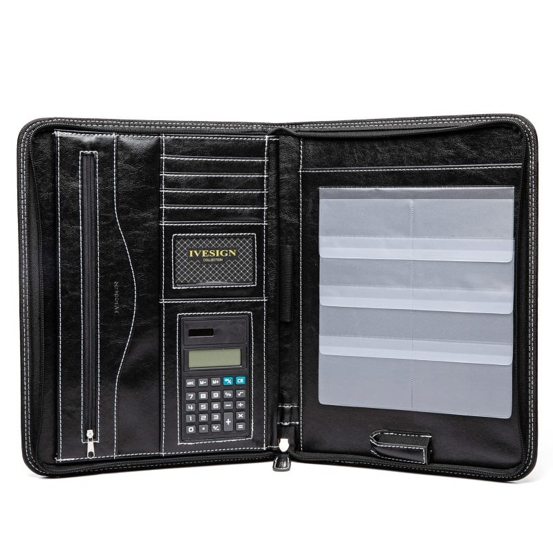 IVESIGN Faux Leather Portfolio Padfolio Organizer with Calculator, Writing Pad, Zipper Closure, Tablet Sleeve, Clipboard with Storage, Document Organizer, Business Card Holder, Note Pads-Black - Image 4
